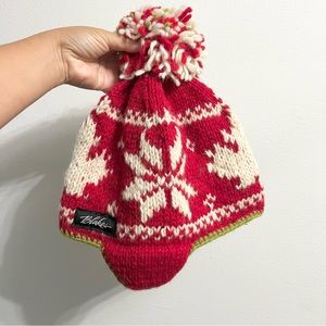 Ambler Blake’s 100% Wool Winter Hat w Ear Coverings Canada Red White w Pompom OS